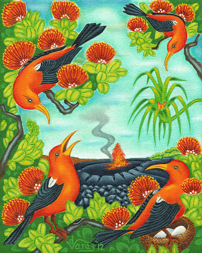 143 ʻIʻiwi Birds at the Crater by Hawaiʻi Artist Dietrich Varez