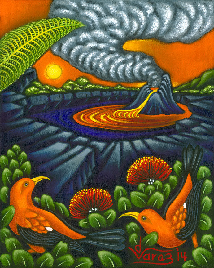 183 Lava Lake and ʻIʻiwi Birds by Hawaiʻi Artist Dietrich Varez