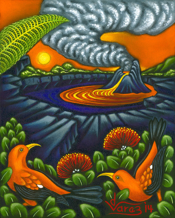 183 Lava Lake and 'I'iwi Birds by Hawaii Artist Dietrich Varez