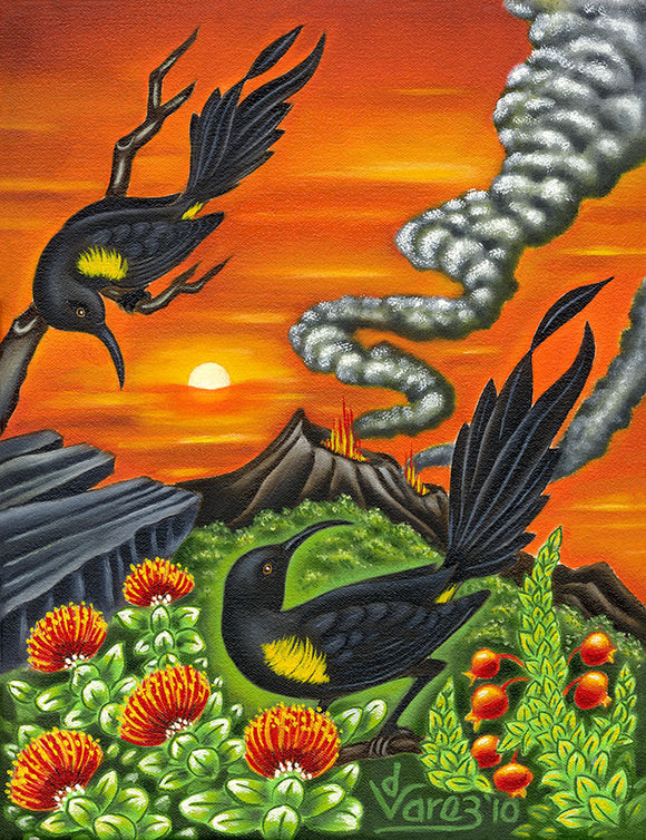 122 'O'o Birds at the Crater by Hawaii Artist Dietrich Varez