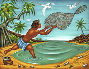 163 Fisherman Throwing Net by Hawaii Artist Dietrich Varez